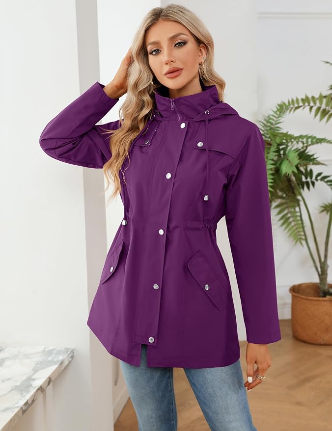 LOMON Women Waterproof Outdoor Hiking Raincoat Women Lined Rain Jacket Lightweight Hooded Jackets Trench Coats