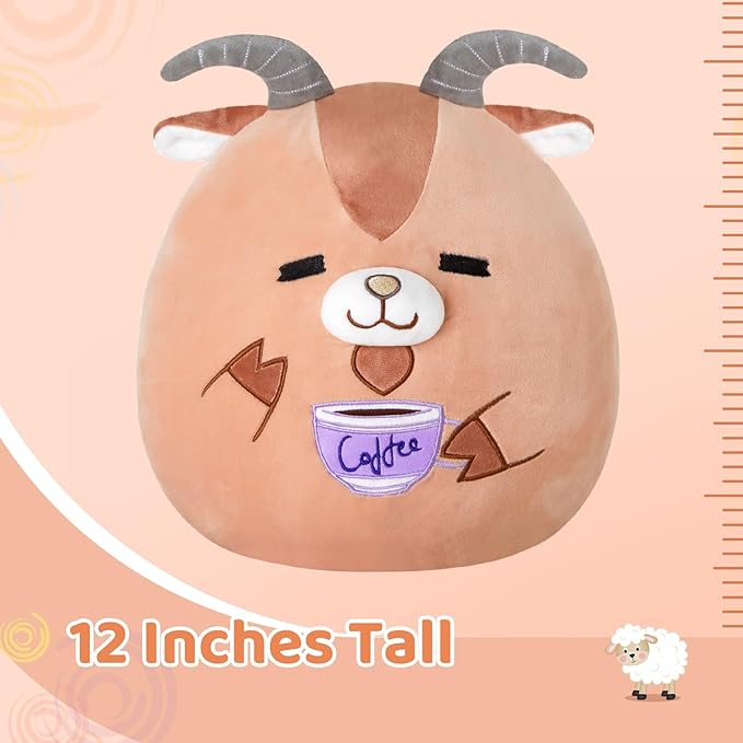 Glow Guards Original 12" Goat Plush Pillow Cute Goat Stuffed Animal with Coffee Soft Plush Toy Stuffed Animals Sheep Birthday Gift for Boys Girls Kids,Brown Barbary Sheep Holding Coffee