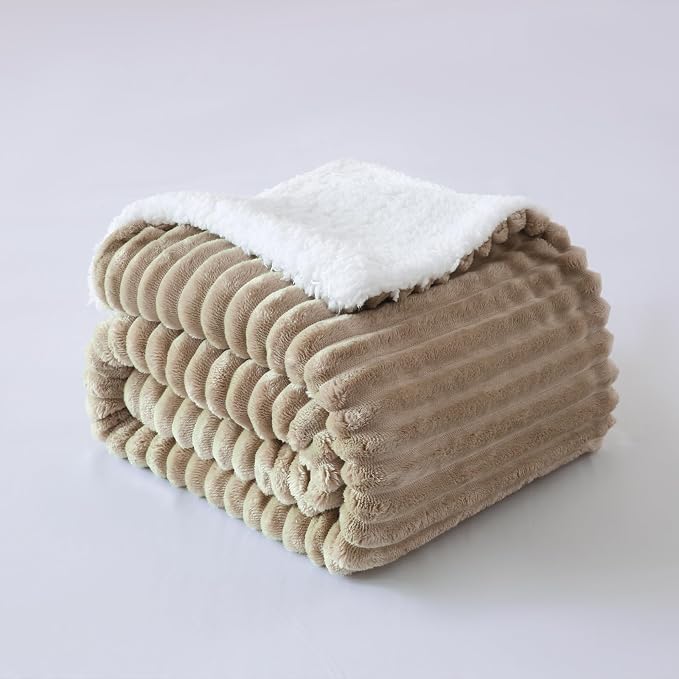 Tan Sherpa Fleece Throw Blanket 60”×80”for Couch Sofa Bed | Double Side Soft Fuzzy Cozy Plush Thick Flannel Blanket with Striped Design Gift for Adults,Woman