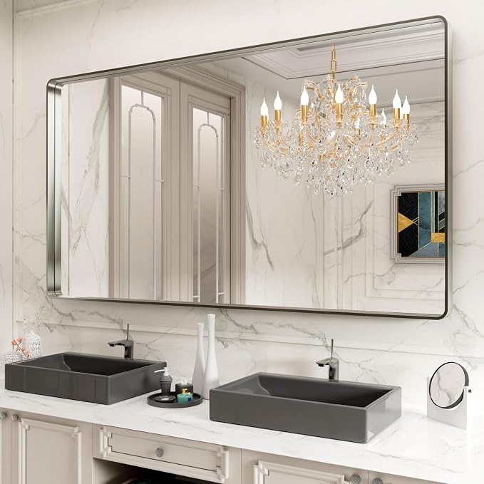 LOAAO Brushed Nickel Bathroom Mirror 77X36 Inch | Rounded Rectangle, Silver Metal Frame, Anti-Rust, Hangs Horizontally or Vertically, Tempered Glass