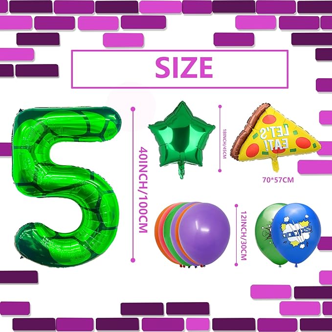 11Pcs Cartoon Turtle Theme Birthday Decorations 40 Inch Number 5 Foil Balloons Super Green Turtle Themed Hero Large Mylar 5th Number Balloon Video Game Pizza Balloons Party Favors Red