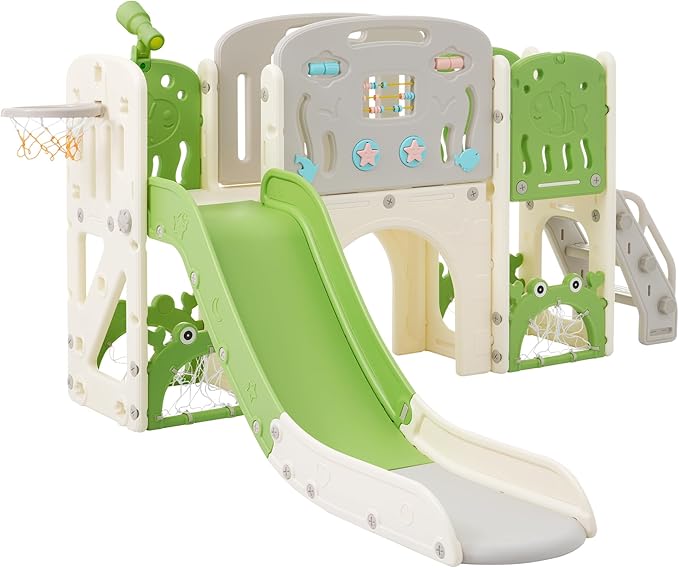 11in 1 Toddler Slide, Kid Slide for Toddlers Age 1-3 with Telescope, Basketball Hoop, and Telescope, Indoor Outdoor Playset Playground Green Grey