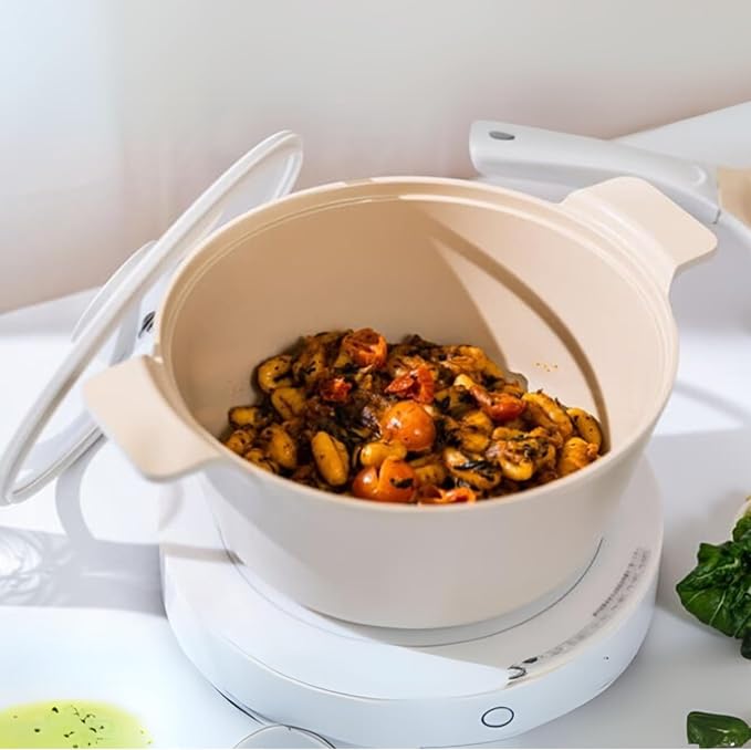 NEOFLAM Vulcan Ivory Double Handle Stockpot with Glass Lid, 4Qt (9.5") Cast Aluminum, Lightweight Ceramic Nonstick Pot, PFAS PFOA Free, Dishwasher Safe, Induction Ready, Made in Korea