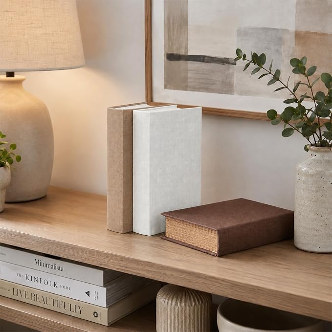 Decorative Linen Faux Book Storage Box Neutral Decorative Book Accent,12" | Vintage book style, faux linen texture, hidden storage, shelf decoration, farmhouse home decor, office organization