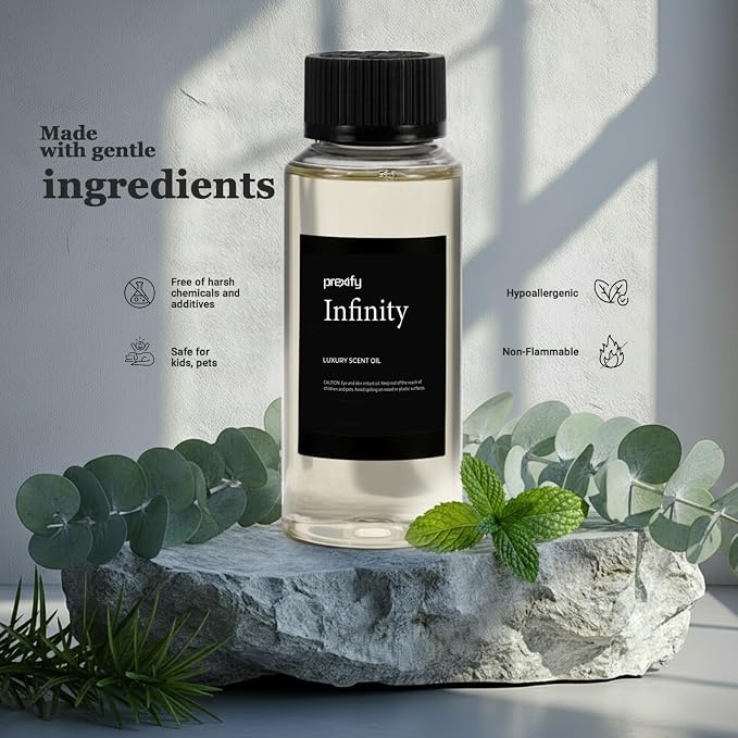 Diffuser Oil – Scent with Menthol, Tea Tree, Musk & Amber – Long-Lasting Blend for Home, Car & Office – Compatible with Ultrasonic & Nebulizing Diffusers, 100 ml (4.06 Fl Oz (Pack of 1), Infinity)