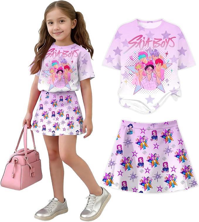 Girls 2-Piece Anime Outfit Set, Short Sleeve Graphic T-Shirt and Printed Skirt Set