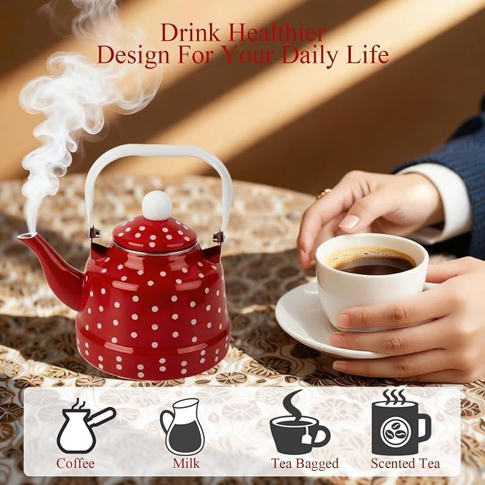 1.8 Quart Vintage Enamel Tea Kettle Stovetop,Enamel Water Kettle Teapot with Red and White Spots,Enamel on Steel Water Coffee with Handle,Hot Water Kettle for Hot Water,No Whistling,Wedding Gifts