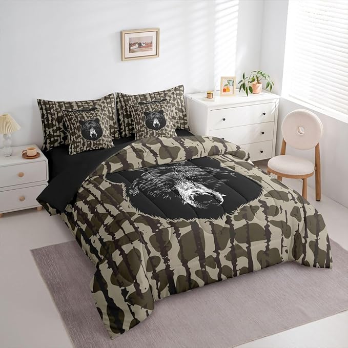 Feelyou Camouflage Camo Bear Comforter Set with Sheets 7 Piece King Size Hunting Wild Animal Deer Bed in a Bag Kids Boys Girls Rustic Farmhouse Bedding Set Bedroom Decor Soft Lightweight Microfiber