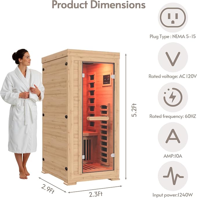 ENSTVER Infrared Wood Sauna 5.4Ft 1 Person, Luxury Full Spectrum Far Infrared Sauna Features Low EMF 1240w 7-Light Dynamic & Music Speakers, Canadian Hemlock Dry Indoor Saunas for Home & Gym