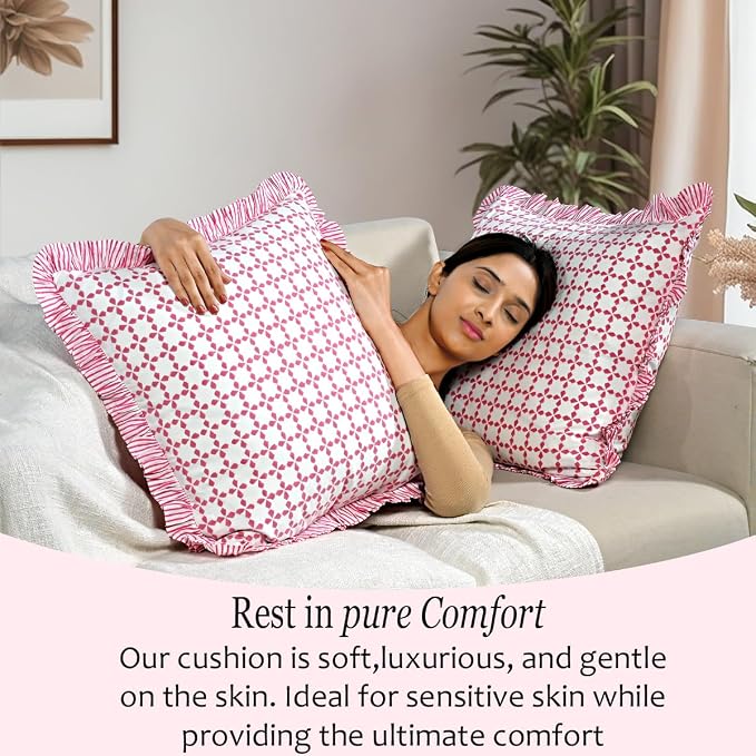 CPC Magenta Pink Hand Block Print 100% Cotton Ruffle Throw Pillow Cover 20x20 inch with Hidden Zipper Decorative for Couch, Bed, Sofa, Farmhouse, Cottagecore Decor Gift Christmas Fall Thanksgiving