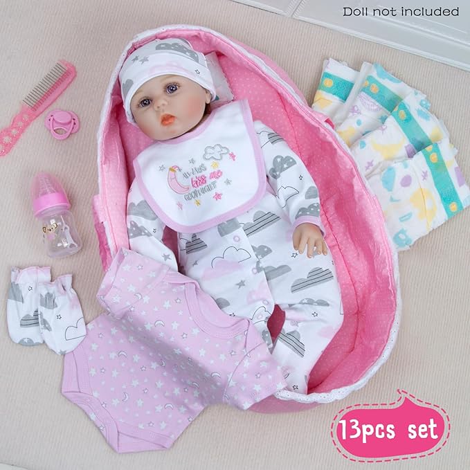 PEDOLLTREE 13 Pcs Reborn Baby Dolls Clothes Girl Accessories Outfit with Pink Dot Bassinet and Diapers Set for 17-22 Inch Reborn Dolls Newborn Baby Girl