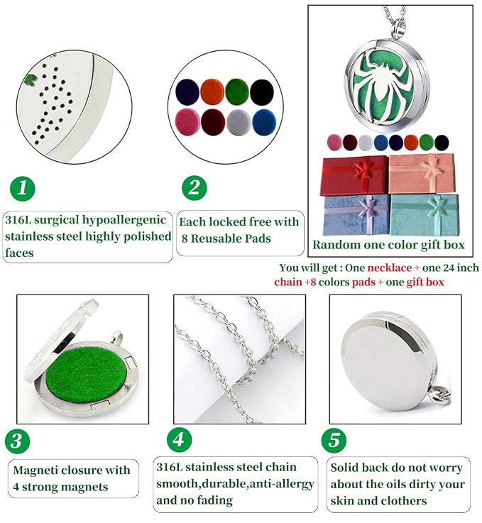 Essential Oil Diffuser Necklace - Aromatherapy Stainless Steel Spider Pattern Locket Pendant Jewelry Set for Birthday Christmas Halloween Women Men Teen
