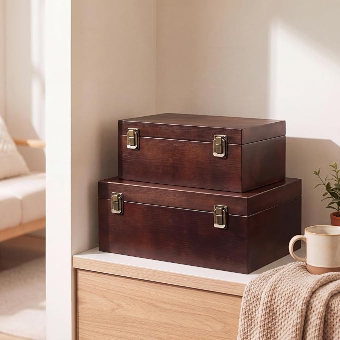 Sliner 2 Pcs Wooden Decorative Storage Boxes with Lids Vintage Wood Organizer Bins for Your Bookshelf Home Decor Safely Store Photos Documents Memory Jewelry Craft Storage (Dark Brown,S M Size)