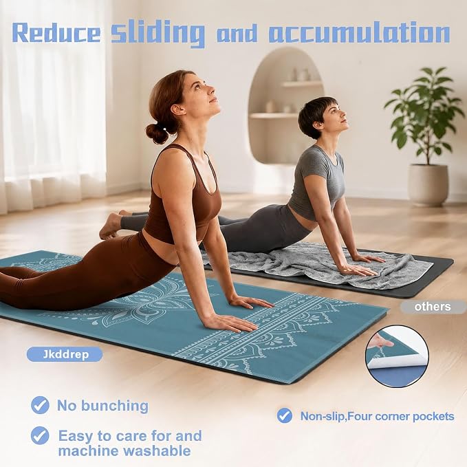Yoga Mat Towel, Hot Yoga Non Slip with 4 Corner Pockets, 74 x 26 in | Soft Absorbent Microfiber With Four Corner Pockets, Fits Over Yoga Mats For Hot Yoga, Pilates, Gym, And Travel