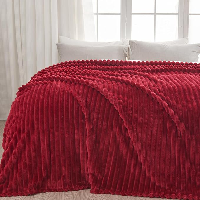 NEWCOSPLAY Super Soft Twin Blanket Red Premium Silky Flannel Fleece 3D Ribbed Jacquard Lightweight Bed Blanket All Season Use (Red Ribbed, Twin(60"x80"))