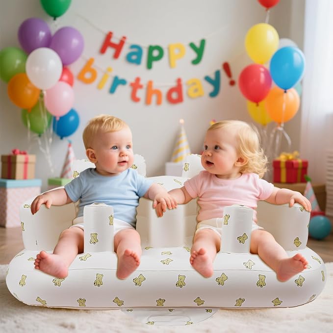 EKEPE Baby Inflatable Seat for Twins Babies 3 Month and Up, Side-by-Side Double Inflatable Floor Chair for Sitting Up with Built in Air Pump, Blow Up Baby Chair for Infants - Twins Bear