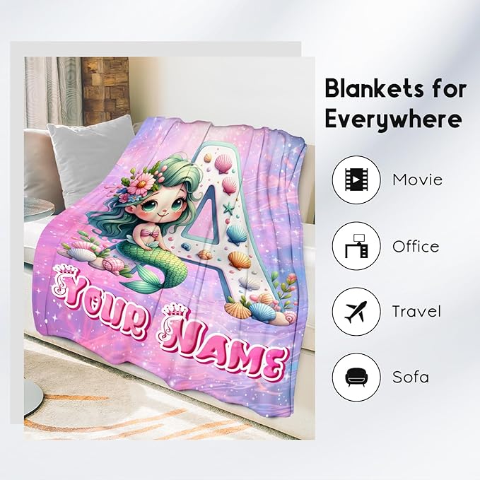 Personalized Blanket for Girls - Mermaid Blankets for Kids Ages 4 5 6 7 8 9-30"x40" Custom Throw with Name Monogrammed Gifts - Flannel Throws Initial Room Decor