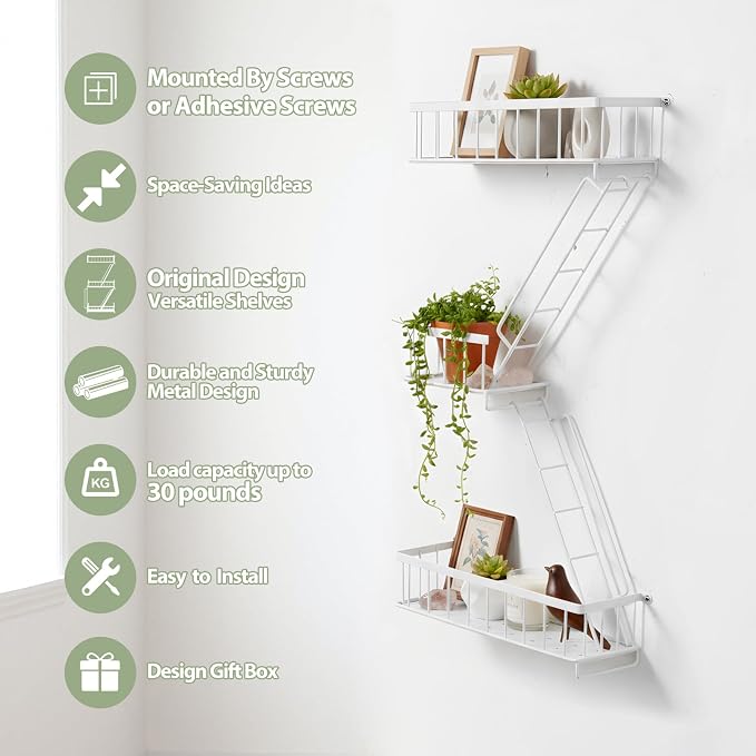 Fire Escape Wall Shelf White - Modern New York City Wall Decorative Display Ladder Floating Shelves for Bedroom, Home Decor, Action Figure Display (2.5-Tier)