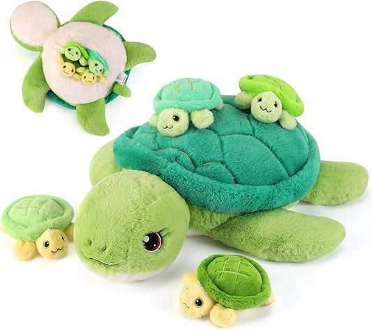 5 Pieces Turtle Stuffed Animals - 1 Mommy Stuffed Turtle with 4 Babies - Tortoise Gifts for Girls Age 3-8, Tortoise Plush Toys for Christmas, Valentine's, Birthday Gifts