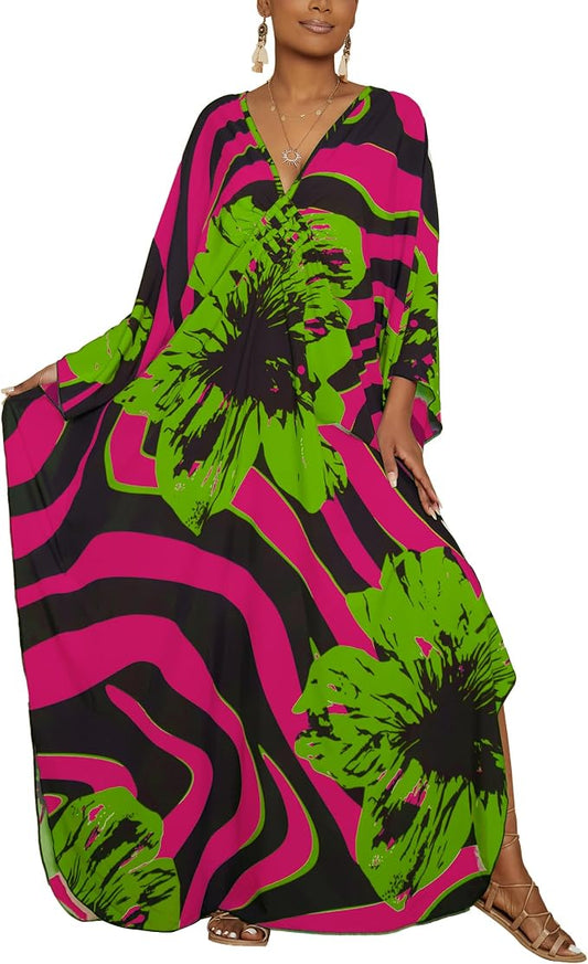 Bsubseach Kaftan Dresses for Women Floral Print Plus Size Beach Cover Up | Lightweight V Neck Loose Fit Boho Dress, Batwing Sleeve Side Slit, Moo Moos for Women Home Loungwear Cruise Resort Wear