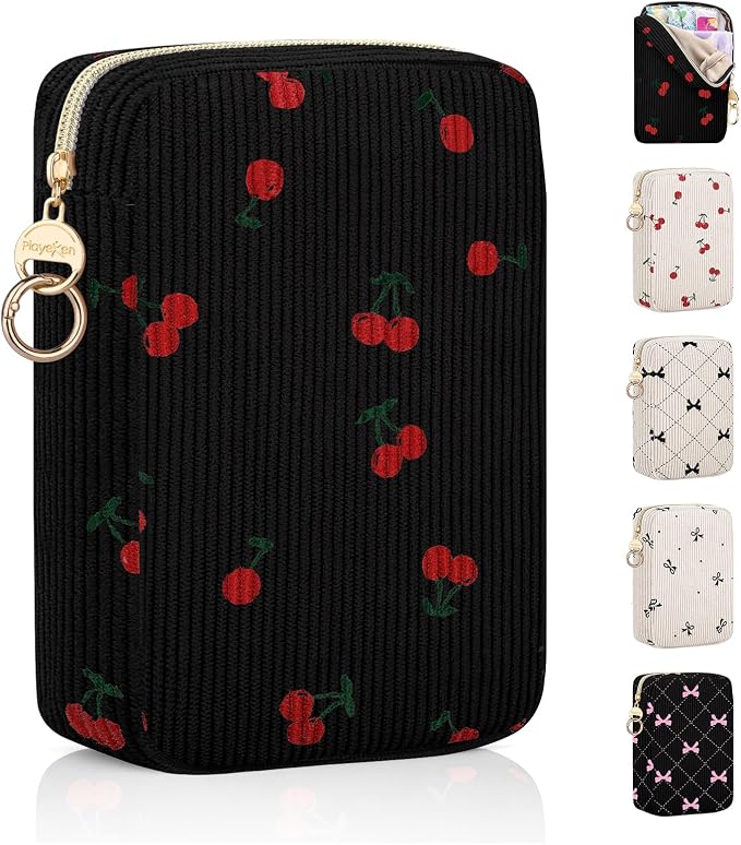 Corduroy Tampon Holder for Purse, Cute Large Period Bag with Ring Buckle, Portable Tampon Bag Organizer Case for Feminine Products (Cherry-Black)