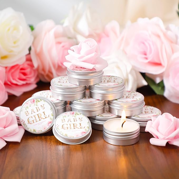 MTLEE 50 Pcs Baby Girl Shower Scented Candles Gift Travel Tin Candle Aromatherapy Candle Favors for Baby Shower Favors Wedding Gifts Compound Scent Essential Oil 1.57 x 0.67''