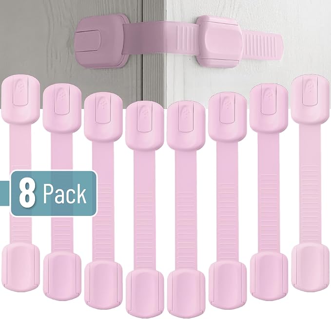 Bates- Child Safety Strap Locks, 8 Pack, Pink, Child Locks for Cabinets and Drawers