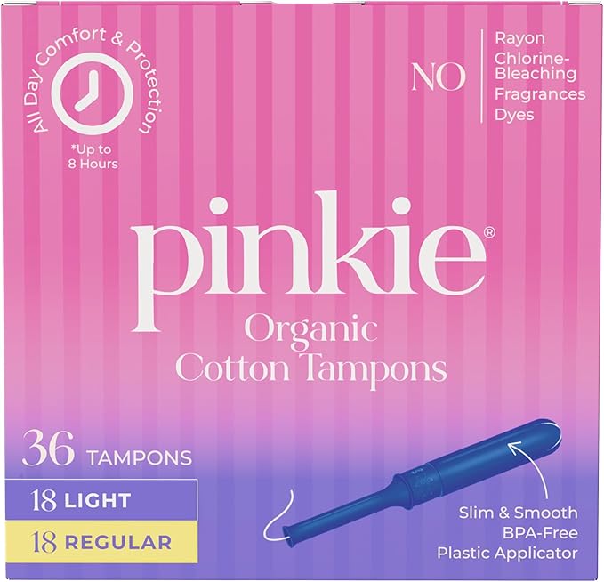 Pinkie Organic Tampons for Teens & Adults - 100% Cotton Core Adapts to Your Body - Slim BPA-Free Applicator for Comfortable Insertion - Chlorine, Fragrance, Dye & Rayon Free - Light/Regular, 36 Count