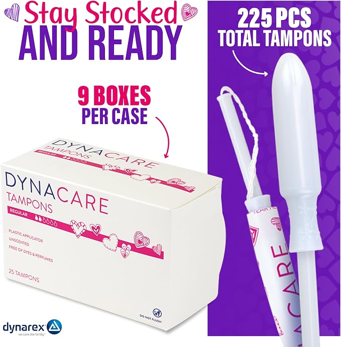 Dynarex Regular Tampons – Bulk Feminine Hygiene Product with Plastic Applicator – 6-Hour Protection – 9 Boxes, 225 Total Tampons