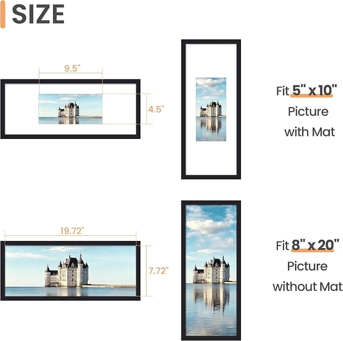 upsimples 8x20 Picture Frame, Display Pictures 5x10 with Mat or 8 x 20 Without, Wall Hanging Photo Frames, Black, 1 Pack