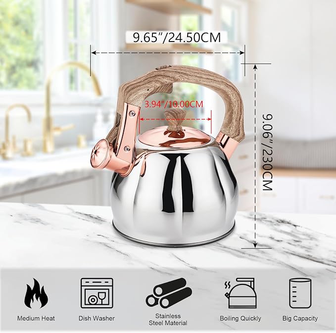 Stainless Steel Tea Kettle for Stove Top Teakettles Stovetop Whistling with Heat Proof Ergonomic Handle 2.5 Quart