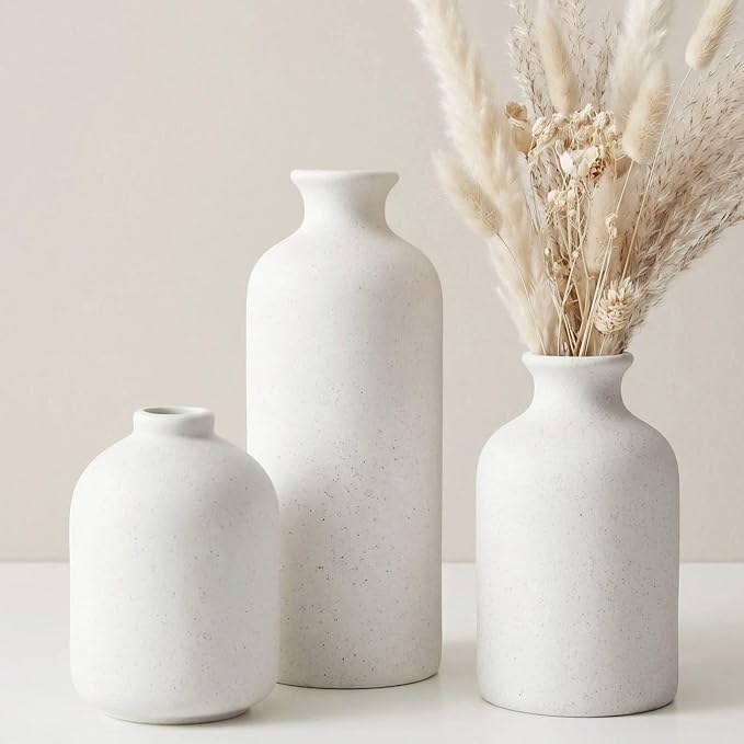 Small Ceramic Vase Set of 3,Modern Boho Farmhouse Flowers Vases | Decorative Vase for Dried Flowers,Pampas Grass,Home Decor,Shelf,Bathroom,Centerpiece for Entryway Table Distressed
