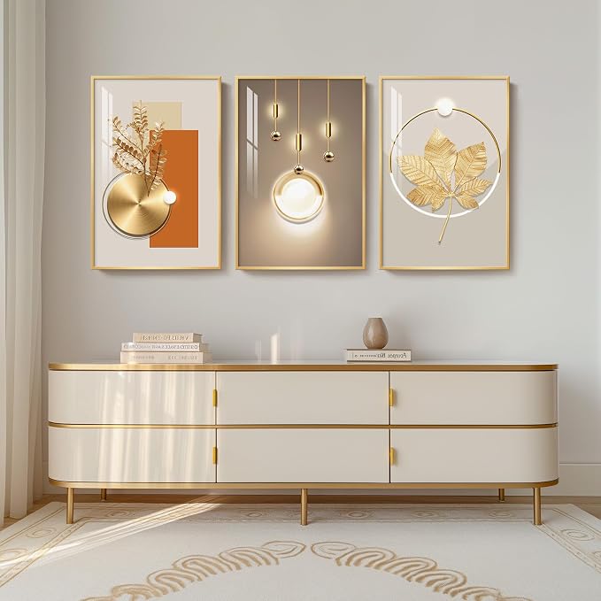 Framed Modern Luxury Gold Large Wall Art for Living Room, 3 Piece 20x30 In | Soild golden framed prints, Crystal coating wall paintings, Geometric wall art for bedroom dining room hallway