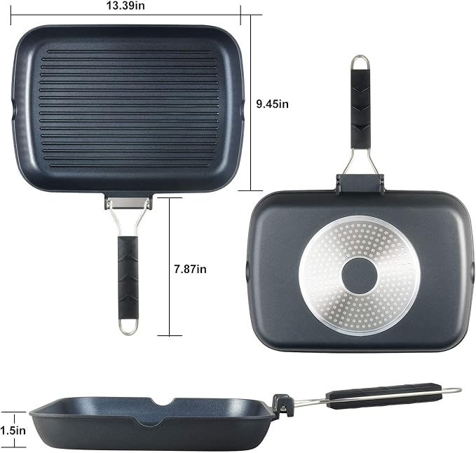 S·KITCHN Grill Pan with Folding Handle, Nonstick Grilling Pan for Stove Tops, Induction Compatible Rectangle KBBQ Pan with Pour Spouts - 13 × 9IN