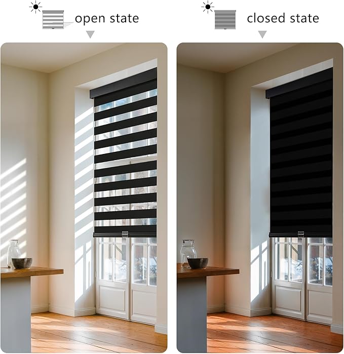 AOSKY Cordless Zebra Blinds for Windows Pull Down Roller Window Shades Dual Layer Light Filtering Privacy for Day and Night, Free-Stop Door Shades for Home Easy to Install (41" W X 72" H, Black)