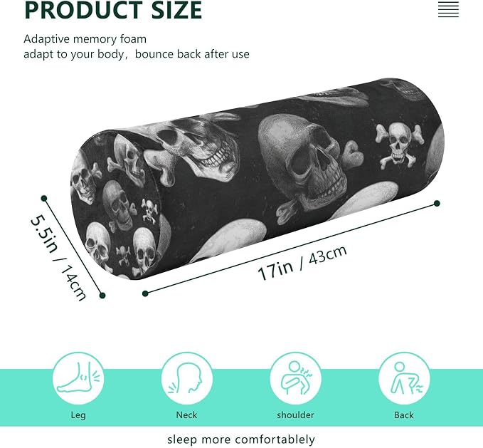 Pirate Horror Skulls Neck Roll Pillow Bolster Round Health Memory Foam Long Cervical Cylinder Pillows with Removable Washable Cover for Body Bed Legs Back Yoga