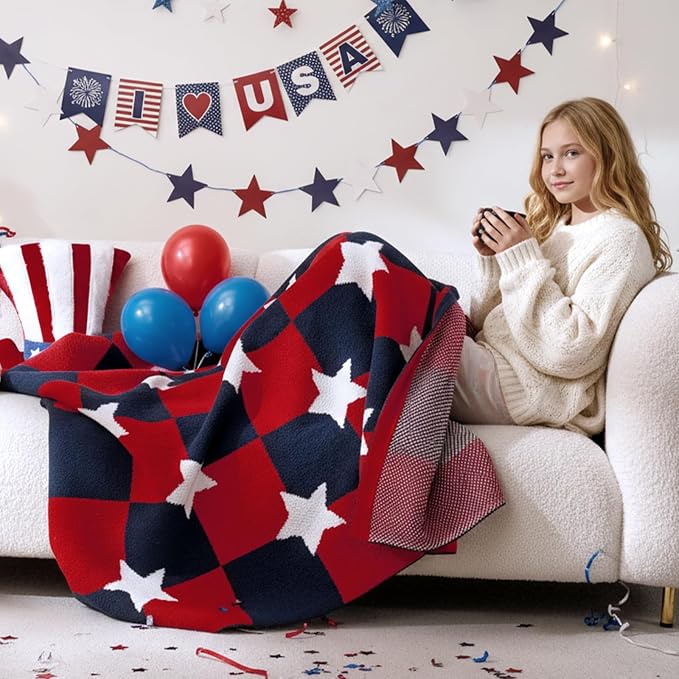Patriotic Ultra Soft Knit Chenille Throw Blanket - Red White Blue Stars American Flag Pattern Cozy Blankets for Couch, 4th of July Memorial Independence Day Gifts, 50"x60", Red&Blue