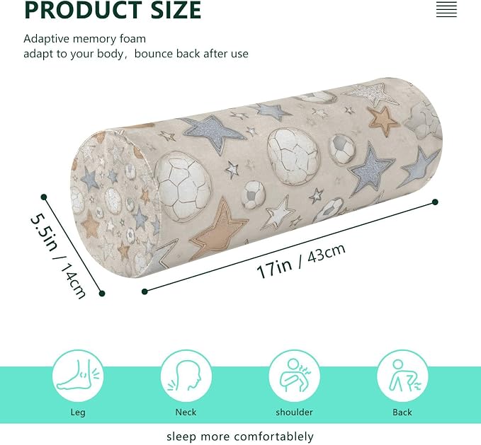Light Beige Stars Footballs Neck Roll Pillow Bolster Round Health Memory Foam Long Cervical Cylinder Pillows with Removable Washable Cover for Body Bed Legs Back Yoga