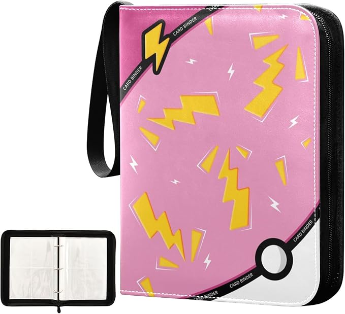 Pink Lightning Card Binder, 4 Pocket Trading Card Holder with 50 Removable Sleeves, Zipper Card Binder Fits 400 Cards, Collection Card Storage Case Album Book Gifts