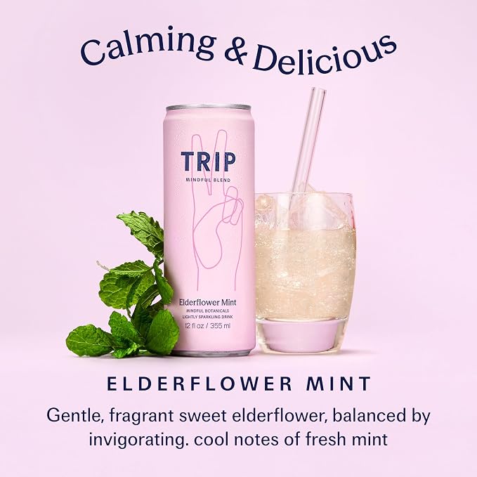 TRIP Lightly Sparkling Adaptogen Drink, Non Alcoholic Drink with Magnesium, Ashwagandha, Lions Mane & L Theanine, No Added Sugar Mocktail, Vegan, Elderflower Mint, 12 Oz, 12Pk