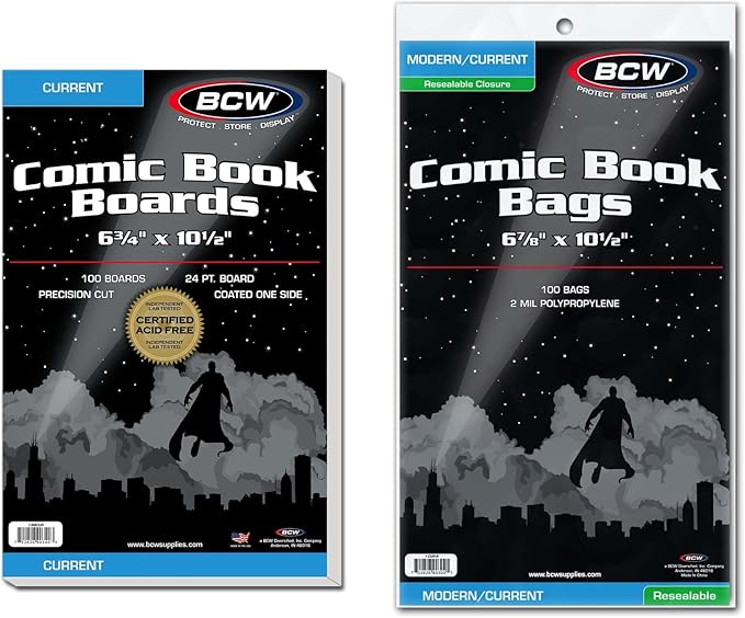 BCW Resealable Current Comic Book Combo Pack | 100 Pack for Acid-Free Backing Boards & Resealable Bags | Comic Book Storage & Protection | Fits Current Comics | Archival Quality | Standard 6.88x10.5
