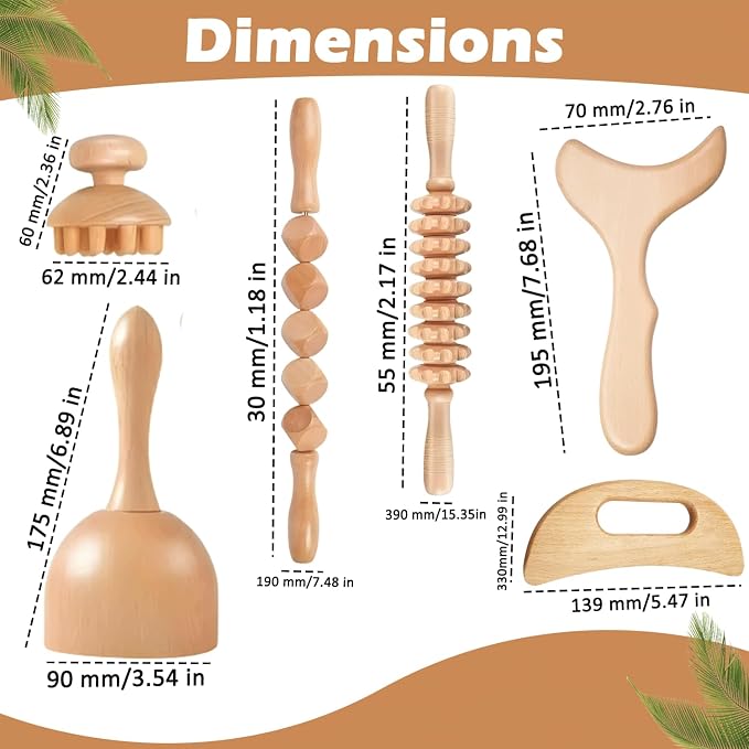 Wood Therapy Massage Tools Set 6-in-1 – Maderoterapia Lymphatic Drainage Massager Kit for Body Sculpting, Cellulite Reduction, Muscle Pain Relief, Body Shaping & Contouring for Home Spa Use