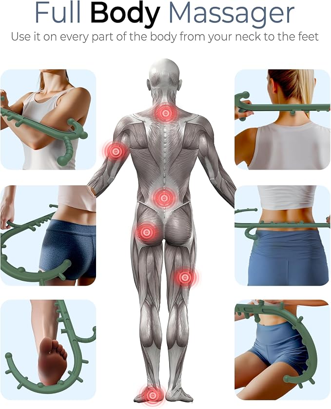 Back and Neck Massager for Pain Relief Deep Tissue, Upgraded Full Body Trigger Point Cane Massage Tools, Therapy Massage Stick Pressure Point Hook, Muscle Knot Remover Tool (Green)
