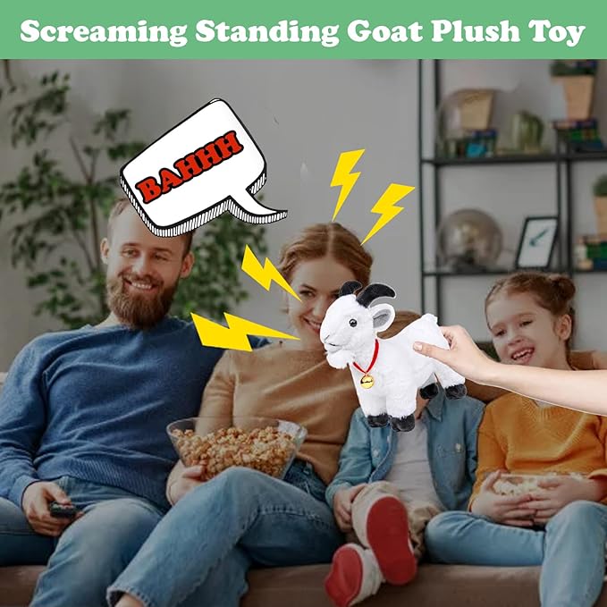 Screaming Standing White Goat with Bell Plush Animal Toy 10in, Realistic Screaming Goat Plush Toy, Cute and Funny White Goat Animal Plushies Model Gift Collection for Kids