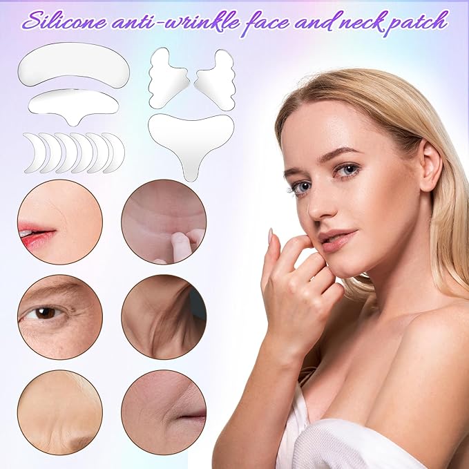 Dimeho 11 Pcs Neck Wrinkle Patches Reusable Silicone Forehead Wrinkle Mask No Adhesive Under Eye Pad for Plump Wrinkles Skin Lines Overnight Beauty Eyecare Cream Applicator while Sleeping
