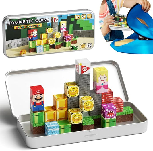 Mini Magnetic Blocks STEM Toys for Kids Ages 3-8, 35PCS Travel Building Set with Magnetic Storage Tin Box, Educational Construction Toys for Toddlers, Preschool Learning Birthday Gift for Boys & Girls