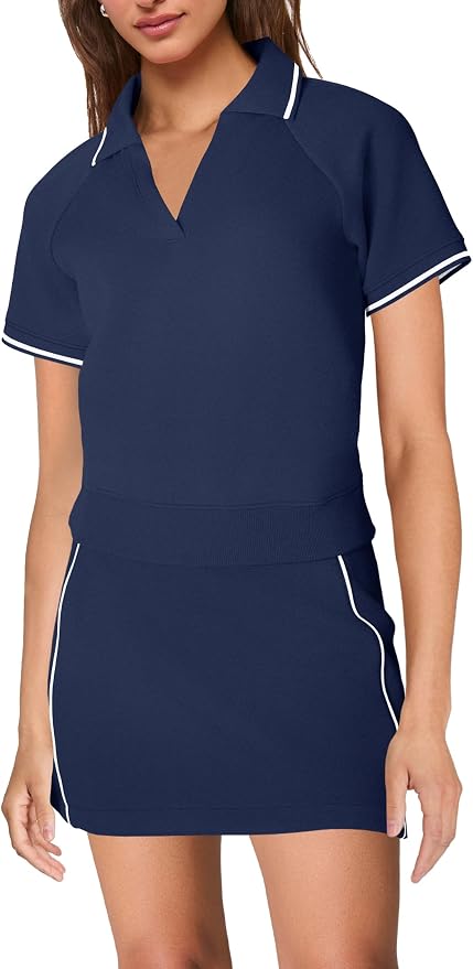 Womens Workout Sets 2 Piece Outfits V Neck Short Sleeve Polo Shirt and Tennis Skort Set with Pockets