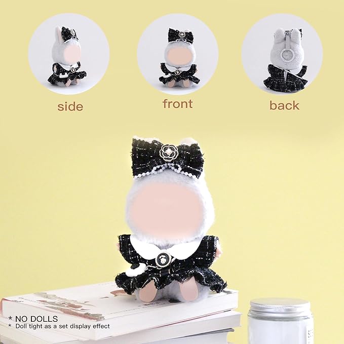 17cm Doll Clothes Set and Accessories Suit,(NO Doll) 3-Piece Set, Clothes for Labubu, Little Fragrant Style, Dolls Keychain Accessories, Includes Dress, Matching Hair Bow, Bags(Black)