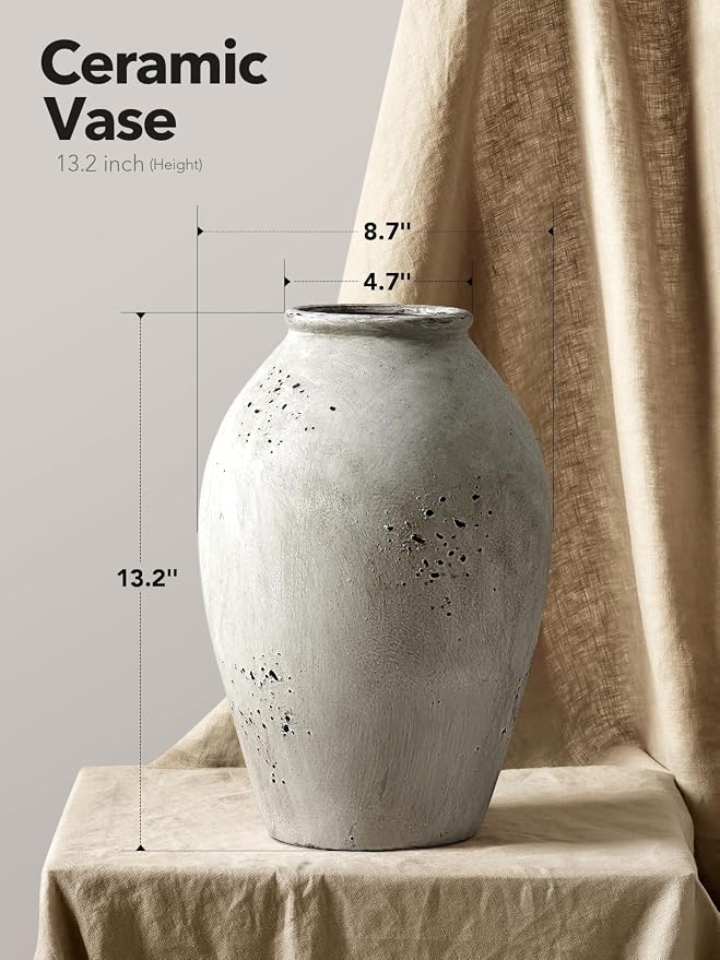 LE TAUCI Ceramic Flower Vase, 13.2 Inch Large Wabi-Sabi Vase, Tall Floor Vase for Home Decor, Living Room Table & Mantel Centerpiece, Watertight & Sturdy, Weathered Stone Greige