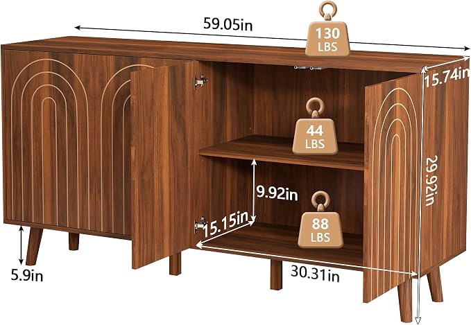 weselon 59" Buffet Cabinet with Storage, Modern Accent Sideboard Storage Cabinet with 4 Doors & Carving Lines, Wooden Coffee Bar Table Console for Living Room Kitchen Office and Hallway (Walnut)